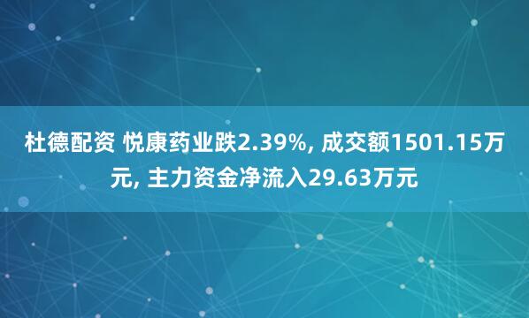 杜德配资 悦康药业跌2.39%, 成交额1501.15万元, 主力资金净流入29.63万元