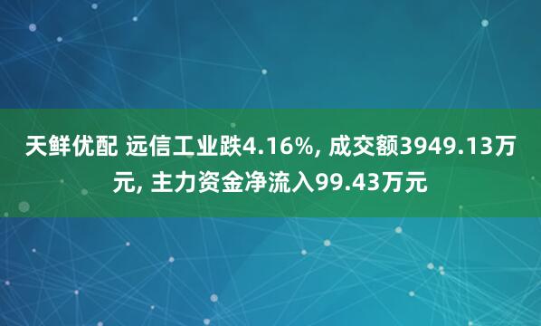 天鲜优配 远信工业跌4.16%, 成交额3949.13万元, 主力资金净流入99.43万元